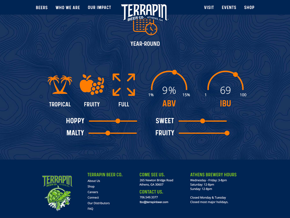 image of a website page that shows information pertaining to a beer's alcohol per volume, bitterness, and other flavor measurements